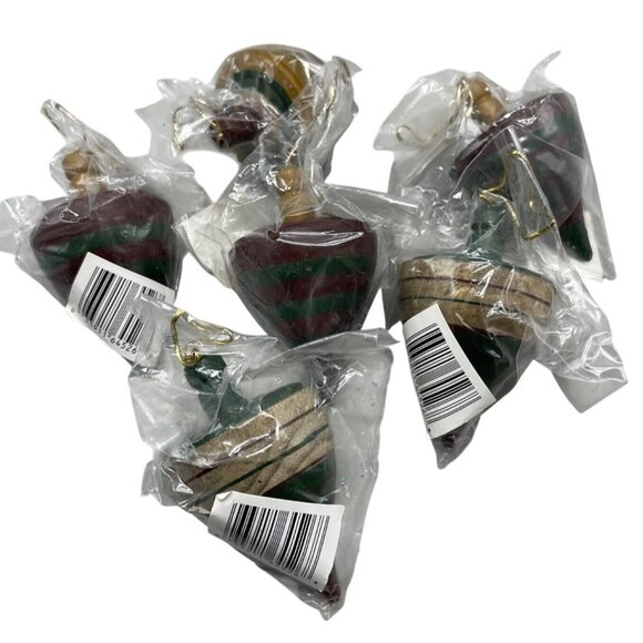Christmas tree wood top set of 7 ornaments striped green gold 3" red READ NEW - Picture 1 of 7